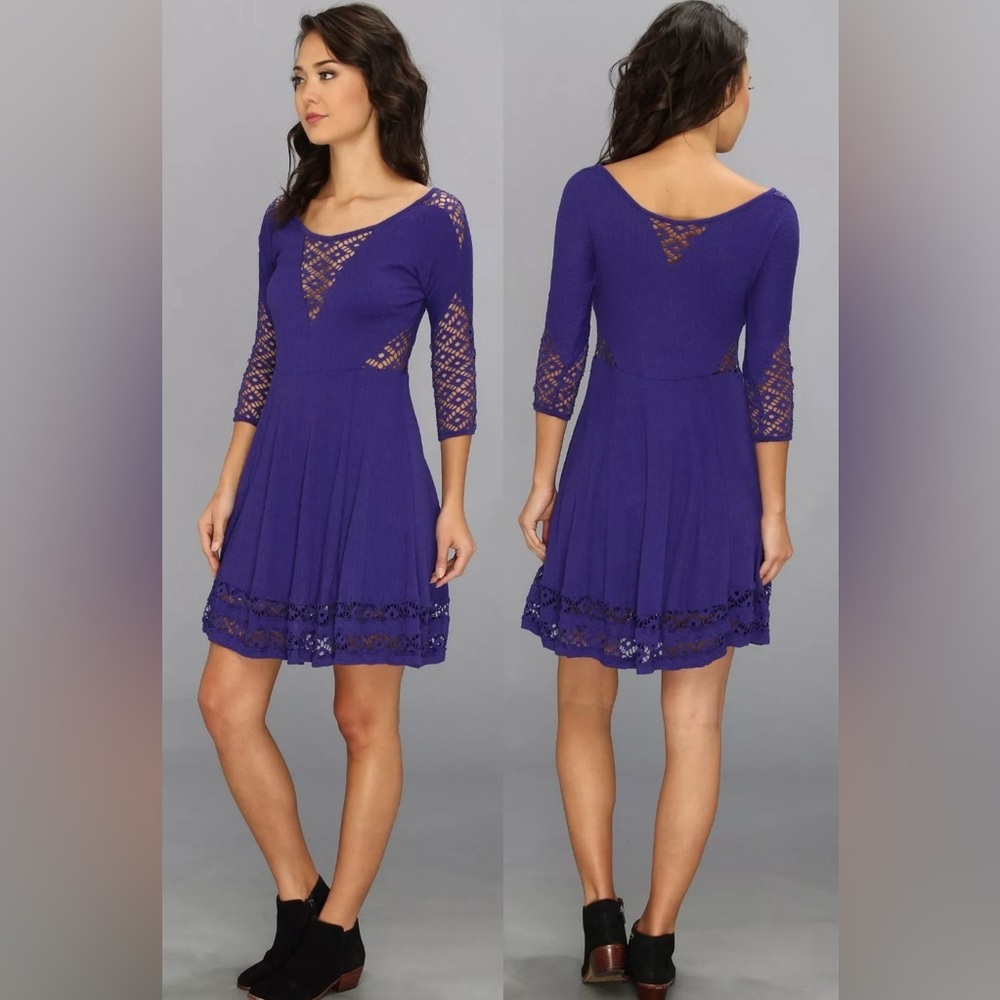 NEW FREE PEOPLE “To The Point” VIOLET MINI Dress w/Crochet Inset F017Z898 Sz XS